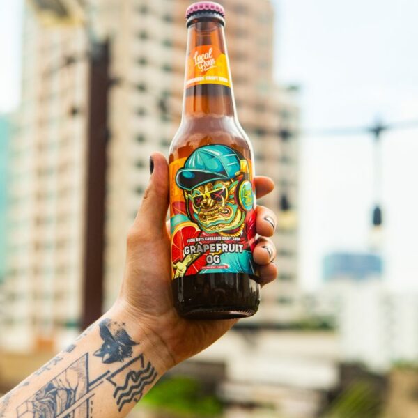 Local Boys THC Craft Soda - Mellow Berry Flavor product photo held by model with tattoos