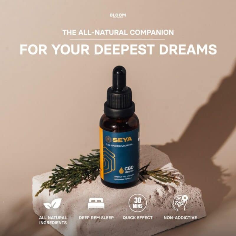 SEYA Full Spectrum CBD Oil Product Photo Infographic "For your deepest dreams"