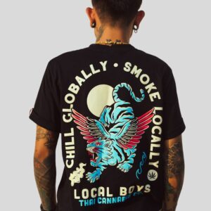 Local Boys Chill Globally T-Shirt main back design on male tatooed model