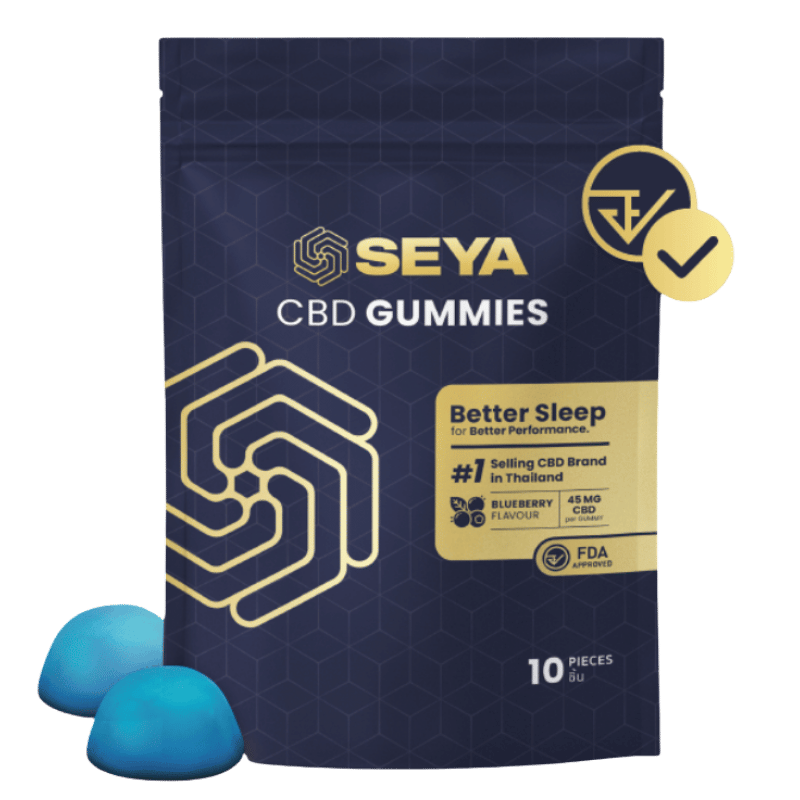 SEYA Sleep Gummies product packaging with key benefits listed: 48mg full spectrum CBD, no sugar added, blueberry flavour, science backed. FDA-approved and labeled as Thailand’s #1 selling CBD brand. Pack contains 10 gummies.