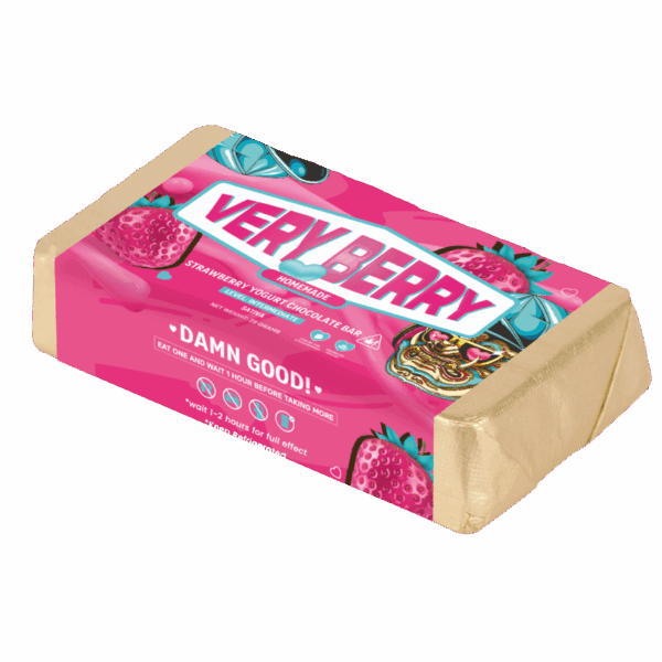 Local Boys Very Berry strawberry yogurt cannabis chocolate bar in pink tropical-themed packaging.