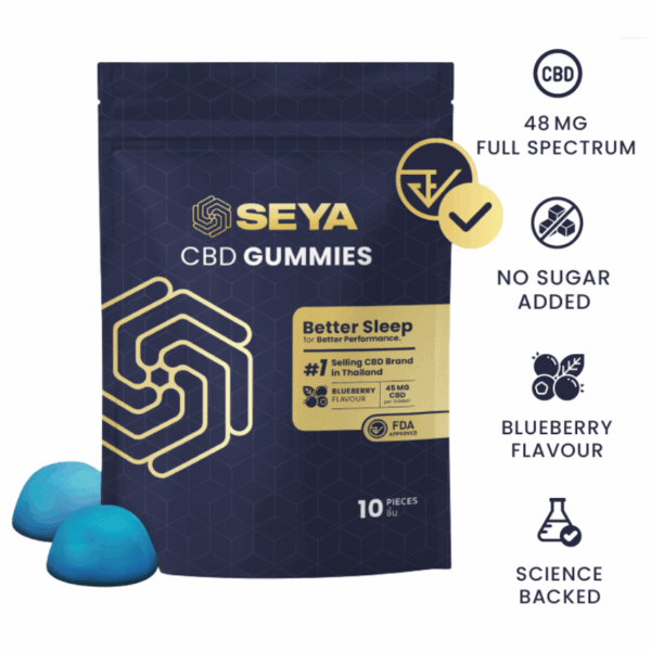SEYA Sleep Gummies product packaging with key benefits listed: 48mg full spectrum CBD, no sugar added, blueberry flavour, science backed. FDA-approved and labeled as Thailand’s #1 selling CBD brand. Pack contains 10 gummies.
