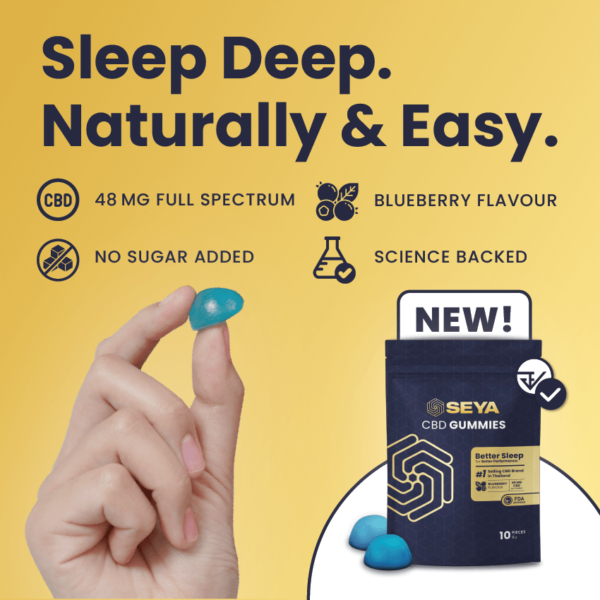 Hand holding a SEYA Sleep Gummy with product benefits listed: 48mg full spectrum CBD, blueberry flavor, sugar-free, science backed
